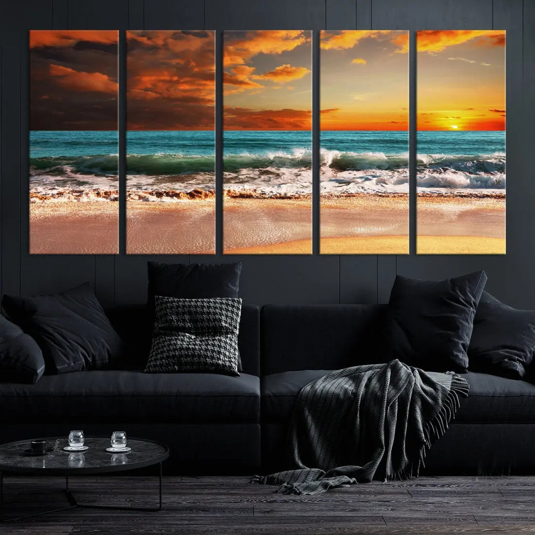 Thrilling Red Sunset Ocean Wave Beach Wall Art Canvas Print Coastal Printing