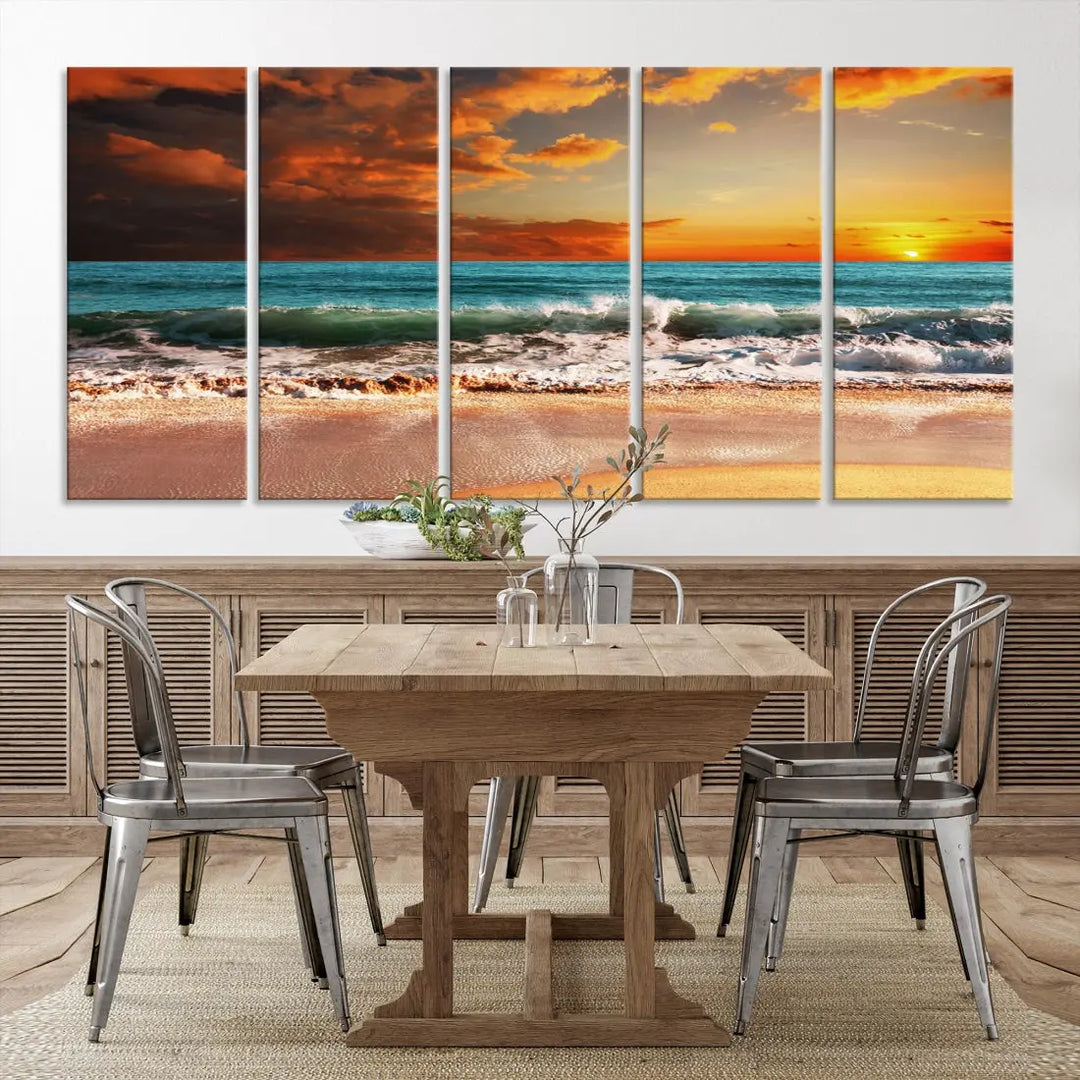 Thrilling Red Sunset Ocean Wave Beach Wall Art Canvas Print Coastal Printing