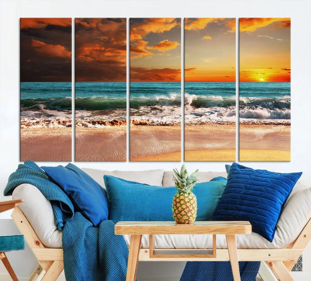 Thrilling Red Sunset Ocean Wave Beach Wall Art Canvas Print Coastal Printing