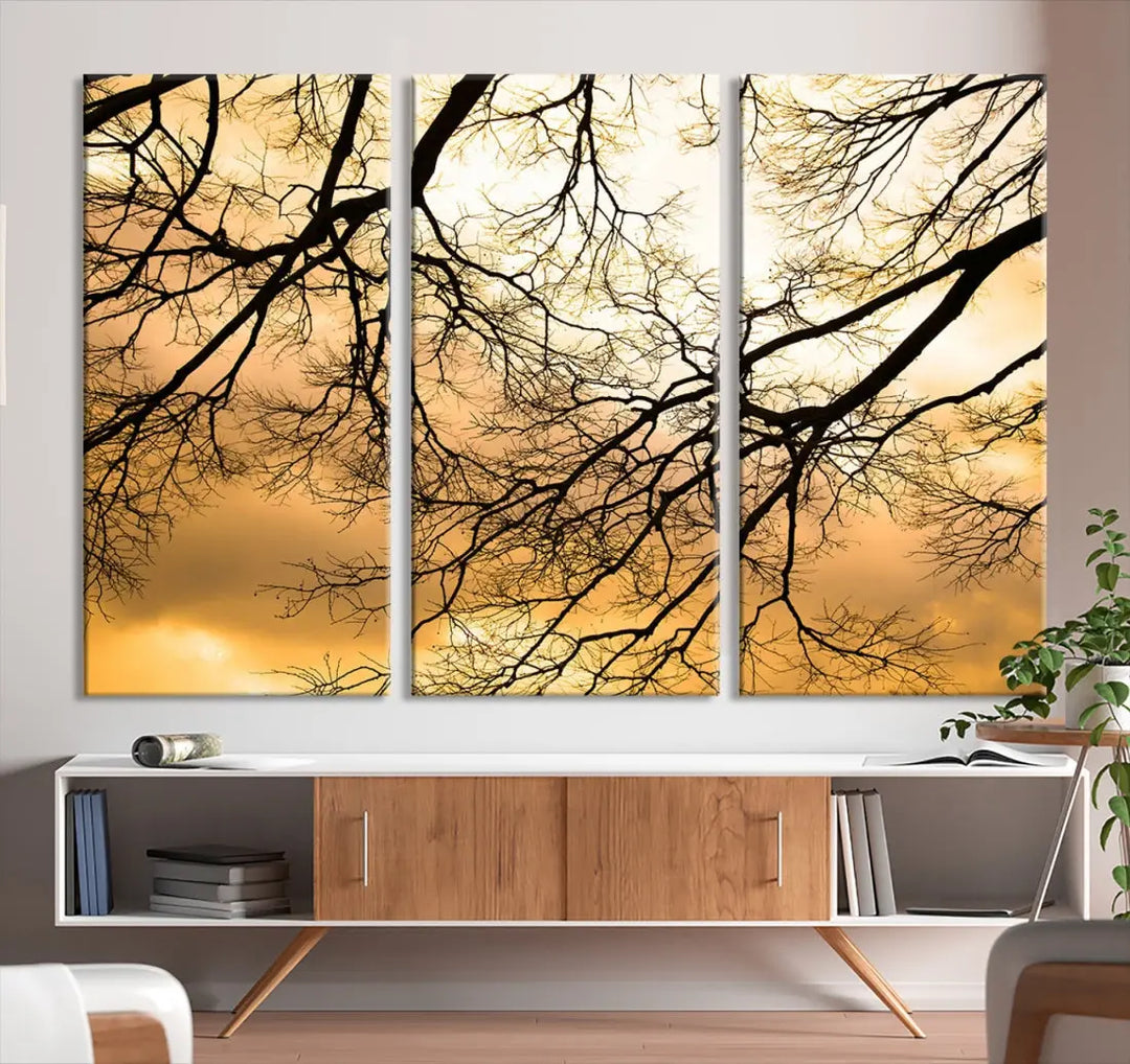 Tree Branch and Sunset Large Wall Art Framed Canvas Print for Living Room Decor