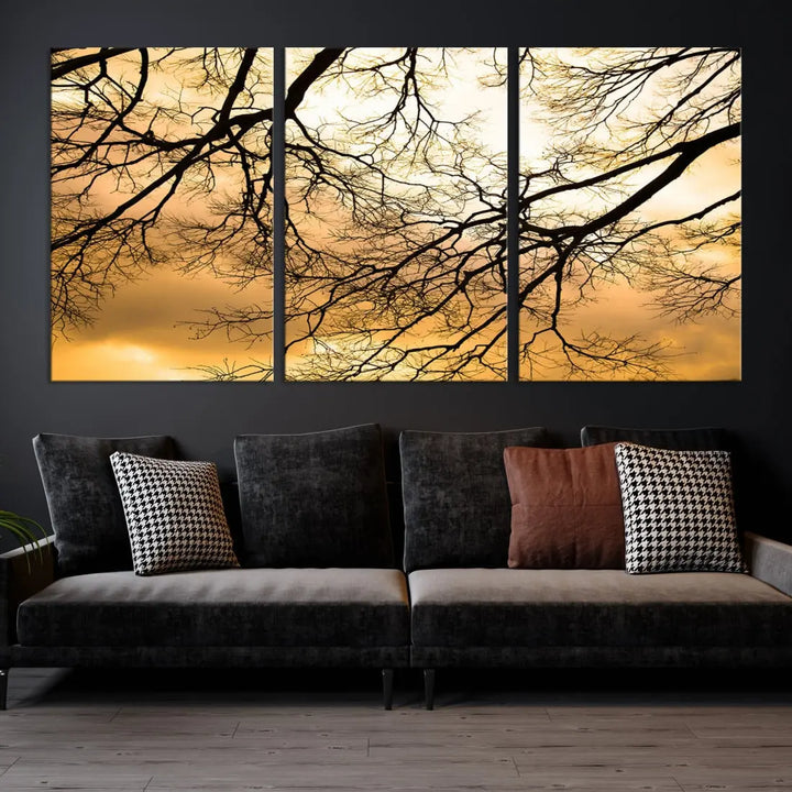 Tree Branch and Sunset Large Wall Art Framed Canvas Print for Living Room Decor