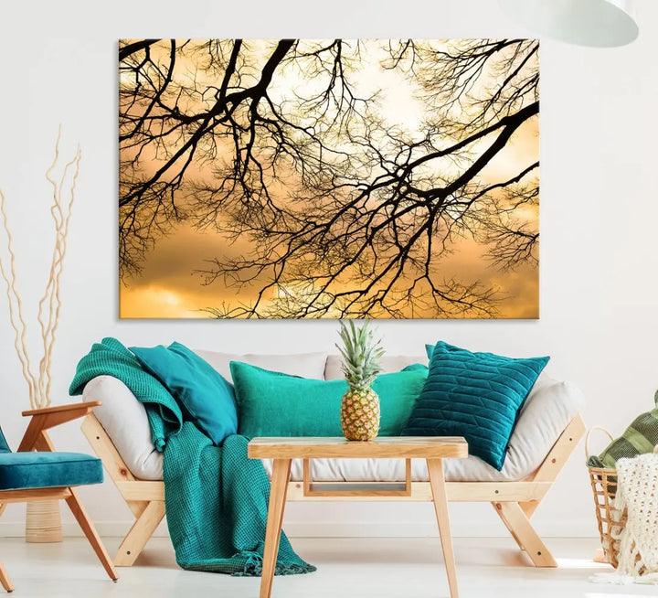 Tree Branch and Sunset Large Wall Art Framed Canvas Print for Living Room Decor