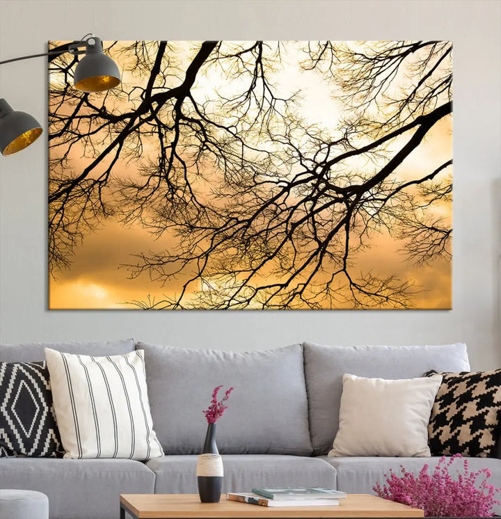 Tree Branch and Sunset Large Wall Art Framed Canvas Print for Living Room Decor