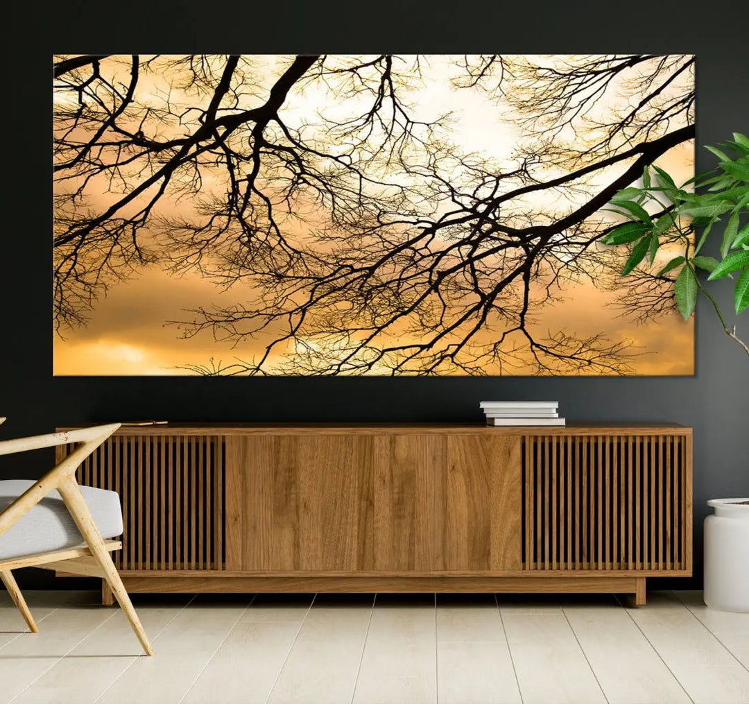 Tree Branch and Sunset Large Wall Art Framed Canvas Print for Living Room Decor