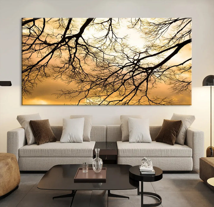 Tree Branch and Sunset Large Wall Art Framed Canvas Print for Living Room Decor