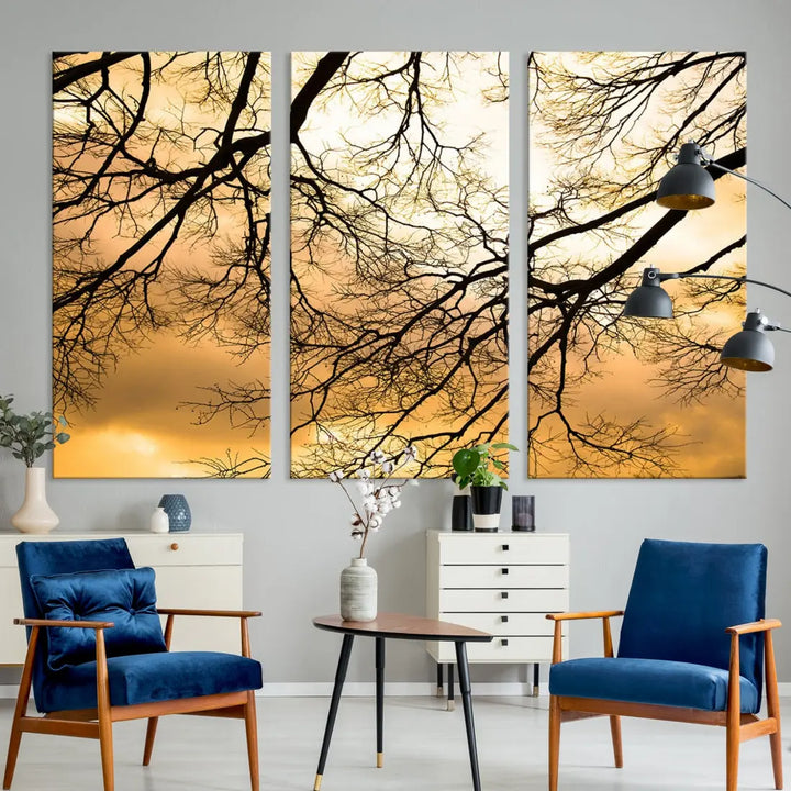 Tree Branch and Sunset Large Wall Art Framed Canvas Print for Living Room Decor