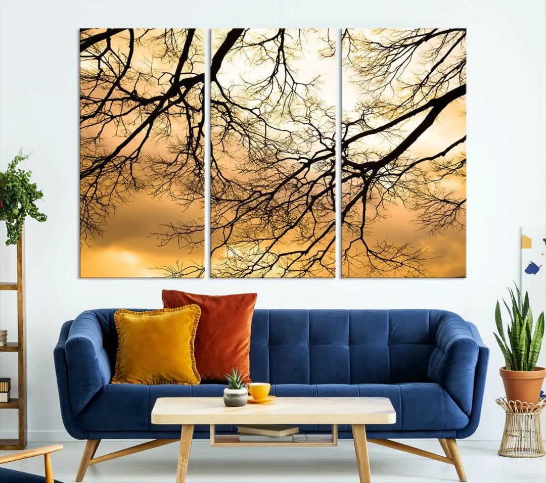 Tree Branch and Sunset Large Wall Art Framed Canvas Print for Living Room Decor