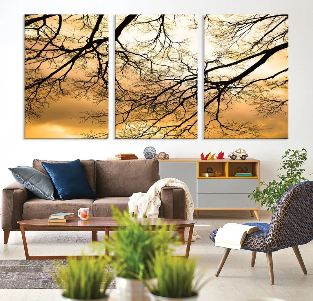 Tree Branch and Sunset Large Wall Art Framed Canvas Print for Living Room Decor