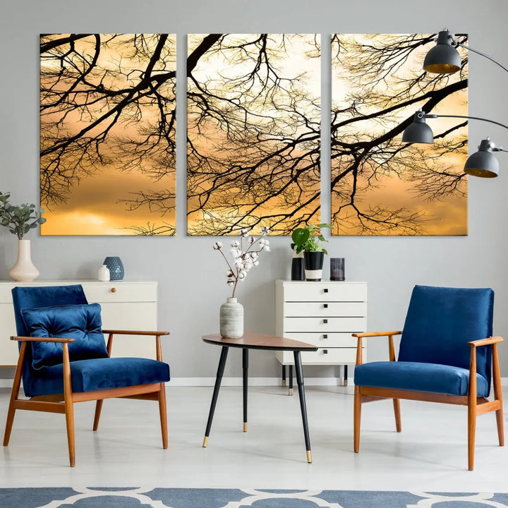 Tree Branch and Sunset Large Wall Art Framed Canvas Print for Living Room Decor