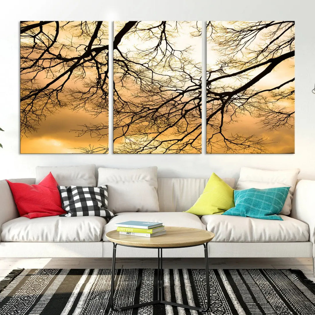 Tree Branch and Sunset Large Wall Art Framed Canvas Print for Living Room Decor