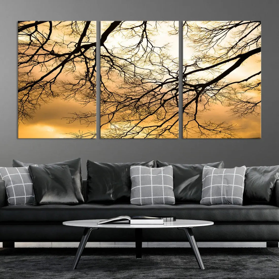 Tree Branch and Sunset Large Wall Art Framed Canvas Print for Living Room Decor