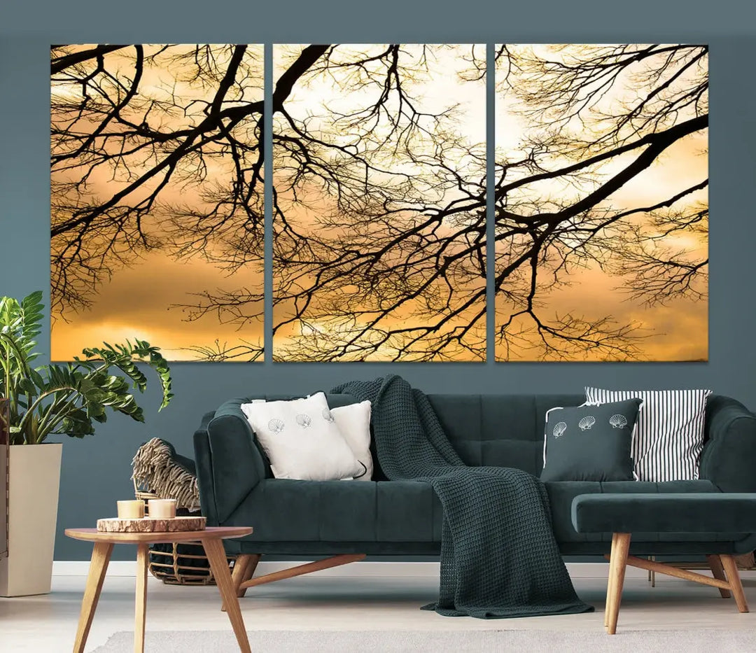 Tree Branch and Sunset Large Wall Art Framed Canvas Print for Living Room Decor