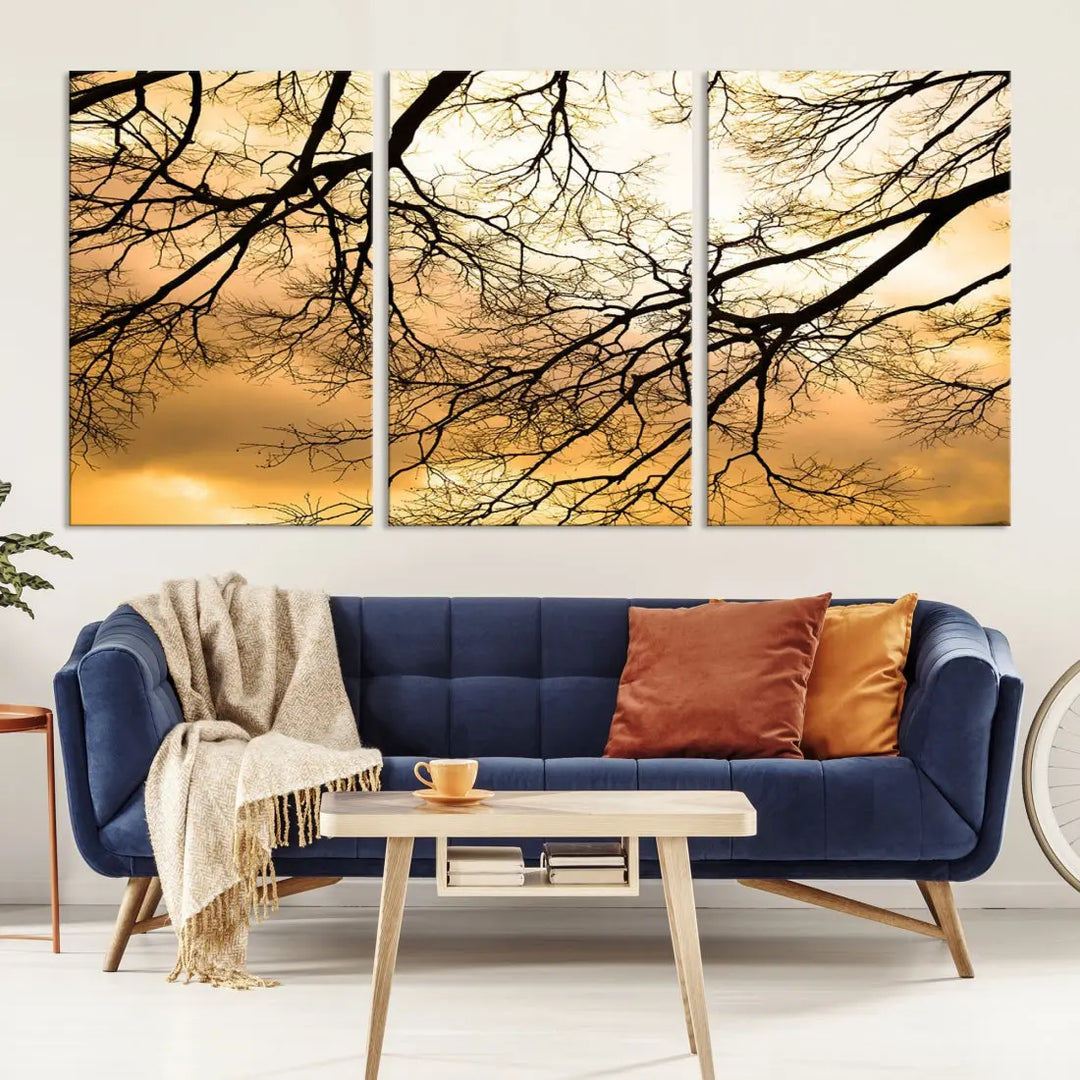 Tree Branch and Sunset Large Wall Art Framed Canvas Print for Living Room Decor