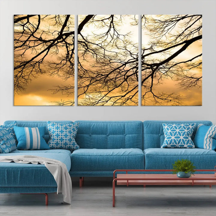 Tree Branch and Sunset Large Wall Art Framed Canvas Print for Living Room Decor