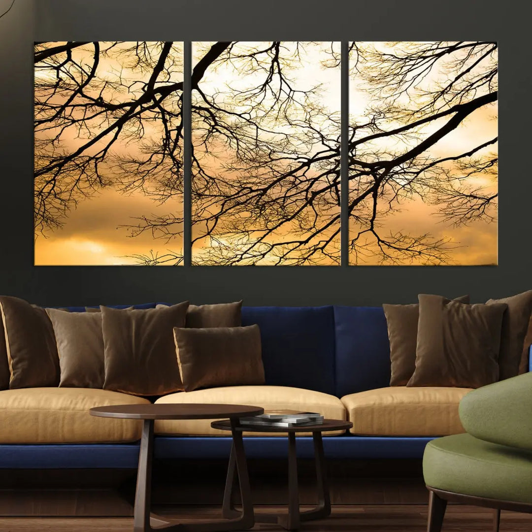 Tree Branch and Sunset Large Wall Art Framed Canvas Print for Living Room Decor