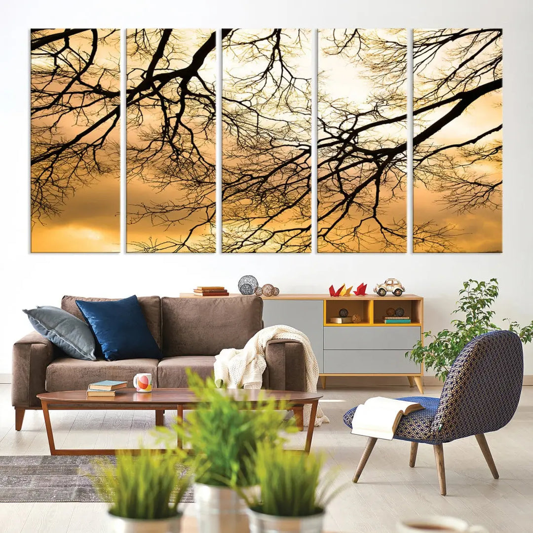 Tree Branch and Sunset Large Wall Art Framed Canvas Print for Living Room Decor