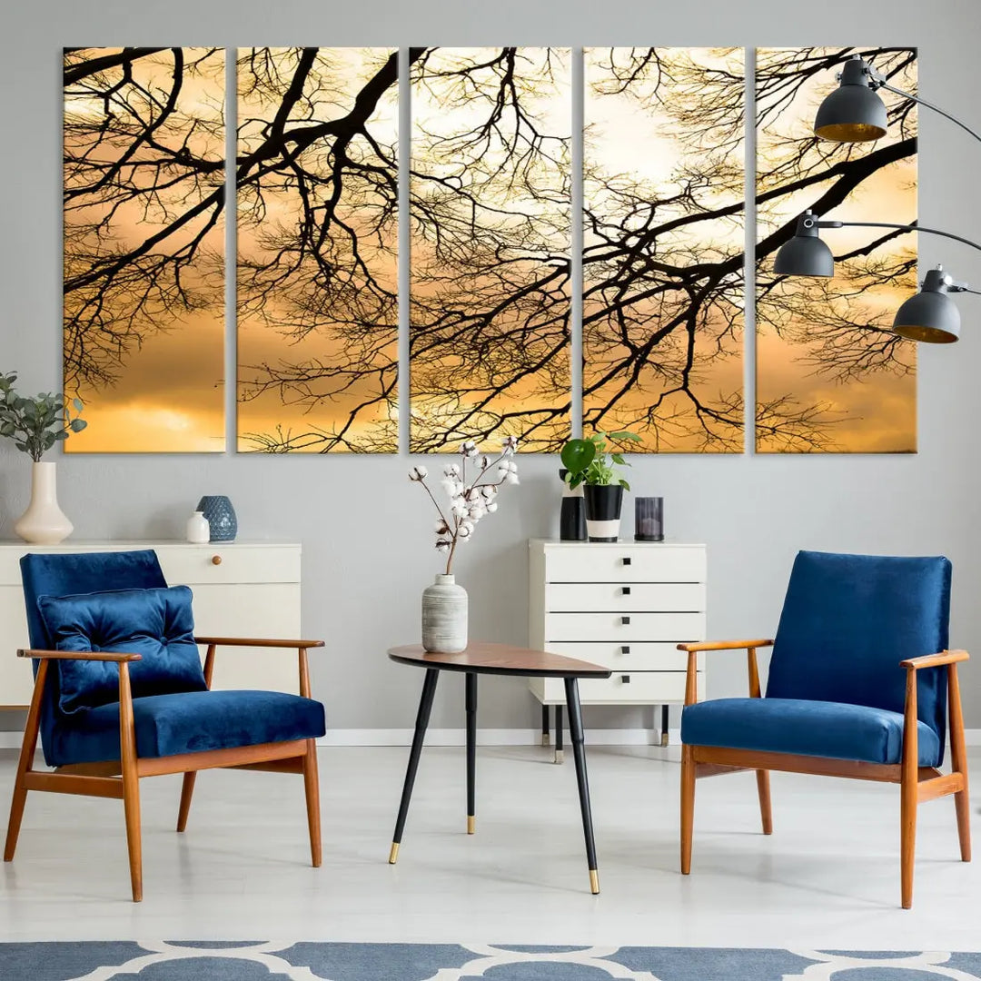 Tree Branch and Sunset Large Wall Art Framed Canvas Print for Living Room Decor