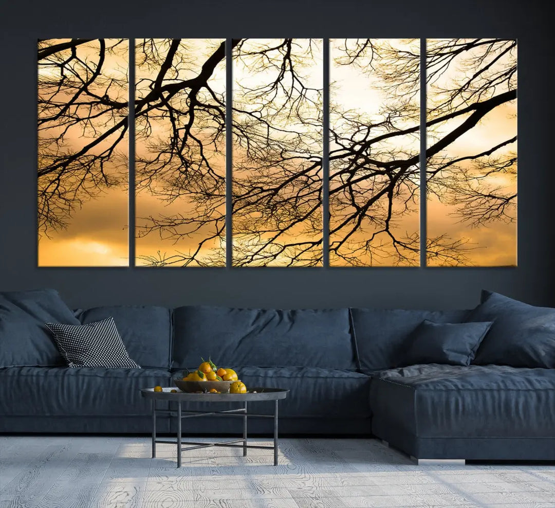 Tree Branch and Sunset Large Wall Art Framed Canvas Print for Living Room Decor