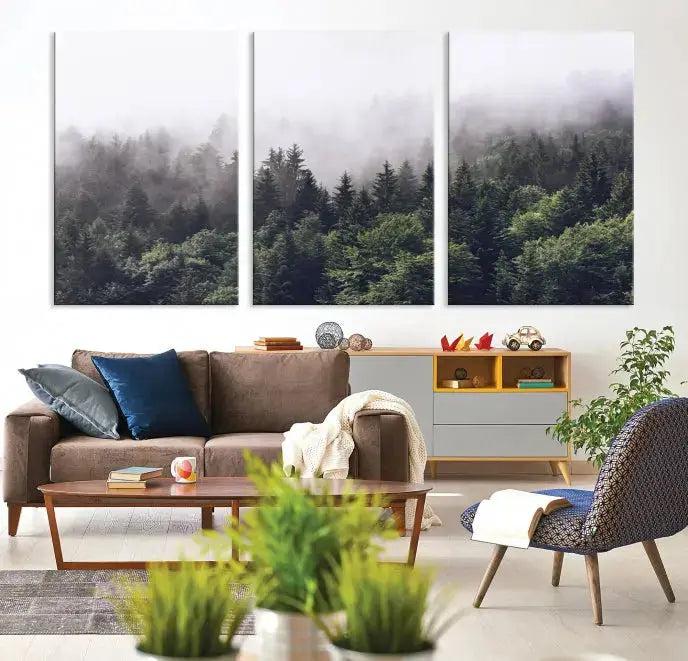 Trendy Foggy Forest Original Canvas Art Print Framed Ready to Hang Wall Decor