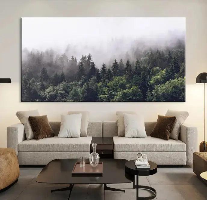 Trendy Foggy Forest Original Canvas Art Print Framed Ready to Hang Wall Decor