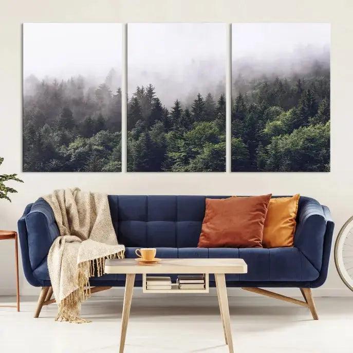 Trendy Foggy Forest Original Canvas Art Print Framed Ready to Hang Wall Decor