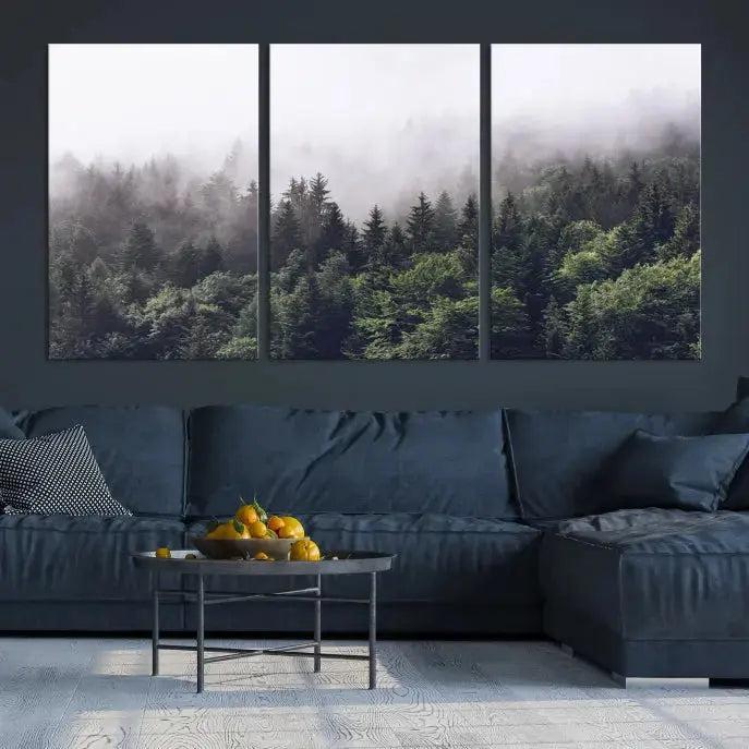 Trendy Foggy Forest Original Canvas Art Print Framed Ready to Hang Wall Decor