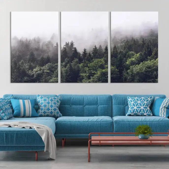 Trendy Foggy Forest Original Canvas Art Print Framed Ready to Hang Wall Decor