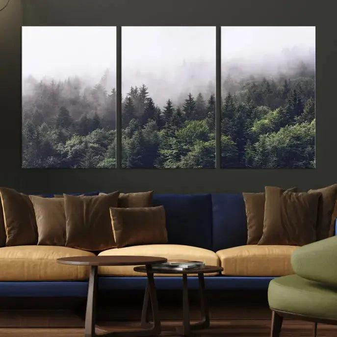 Trendy Foggy Forest Original Canvas Art Print Framed Ready to Hang Wall Decor