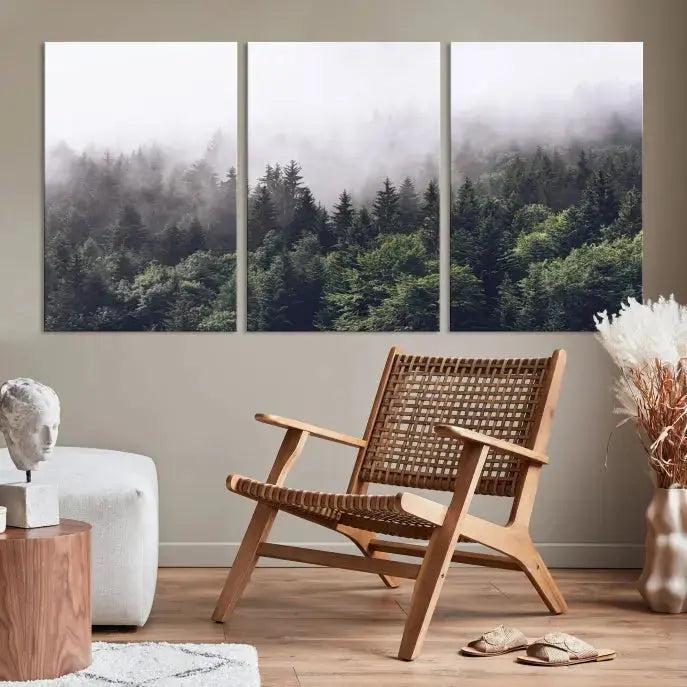 Trendy Foggy Forest Original Canvas Art Print Framed Ready to Hang Wall Decor