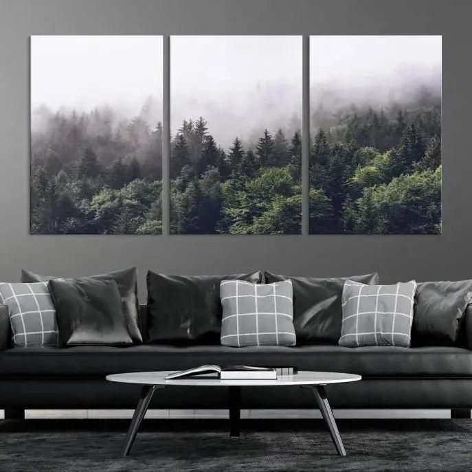 Trendy Foggy Forest Original Canvas Art Print Framed Ready to Hang Wall Decor