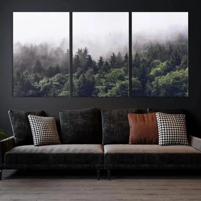 Trendy Foggy Forest Original Canvas Art Print Framed Ready to Hang Wall Decor