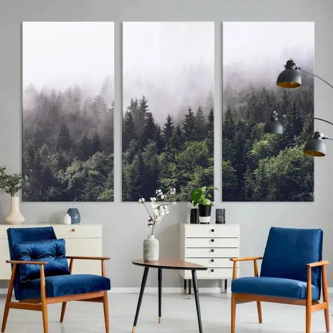 Trendy Foggy Forest Original Canvas Art Print Framed Ready to Hang Wall Decor