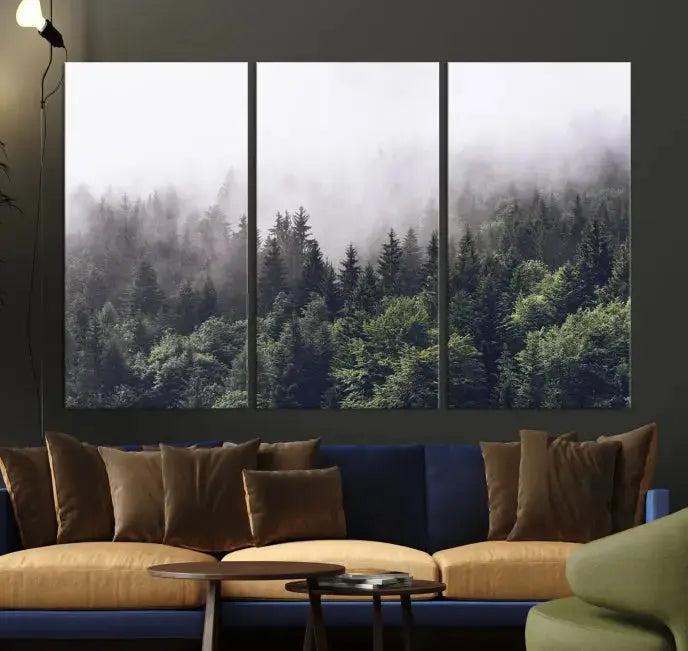 Trendy Foggy Forest Original Canvas Art Print Framed Ready to Hang Wall Decor