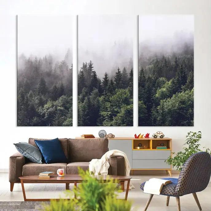 Trendy Foggy Forest Original Canvas Art Print Framed Ready to Hang Wall Decor