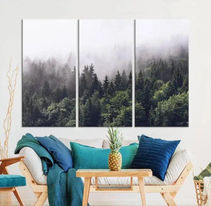 Trendy Foggy Forest Original Canvas Art Print Framed Ready to Hang Wall Decor