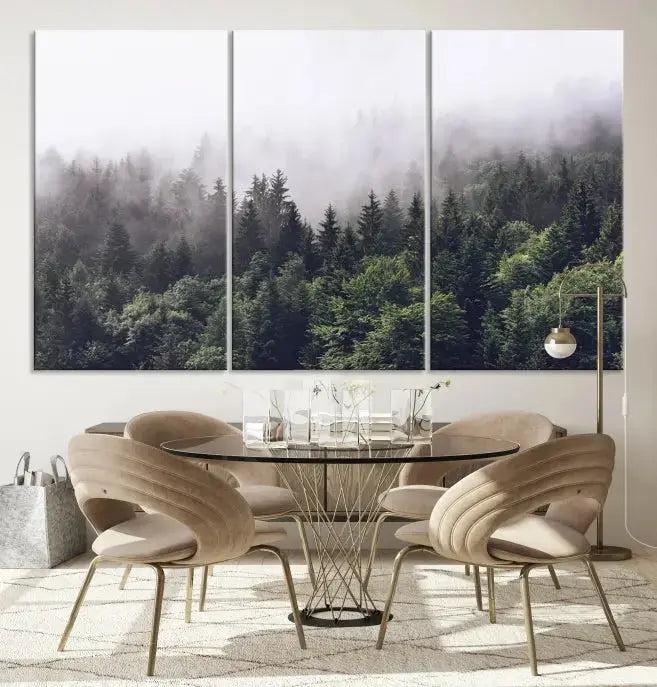 Trendy Foggy Forest Original Canvas Art Print Framed Ready to Hang Wall Decor