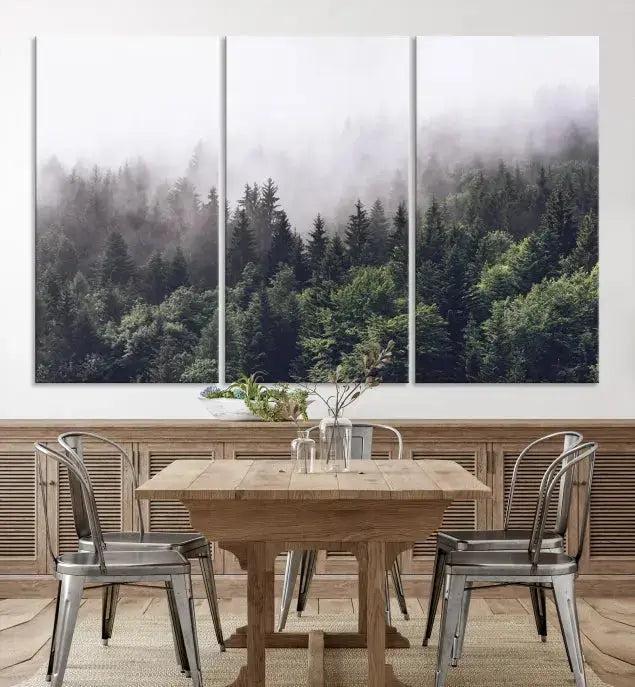 Trendy Foggy Forest Original Canvas Art Print Framed Ready to Hang Wall Decor