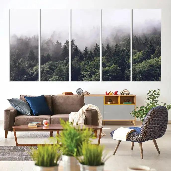 Trendy Foggy Forest Original Canvas Art Print Framed Ready to Hang Wall Decor