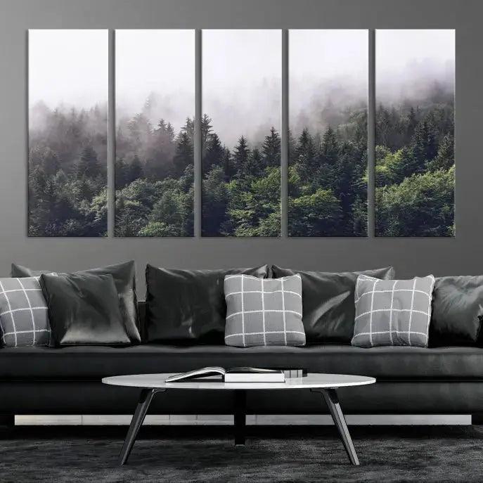 Trendy Foggy Forest Original Canvas Art Print Framed Ready to Hang Wall Decor