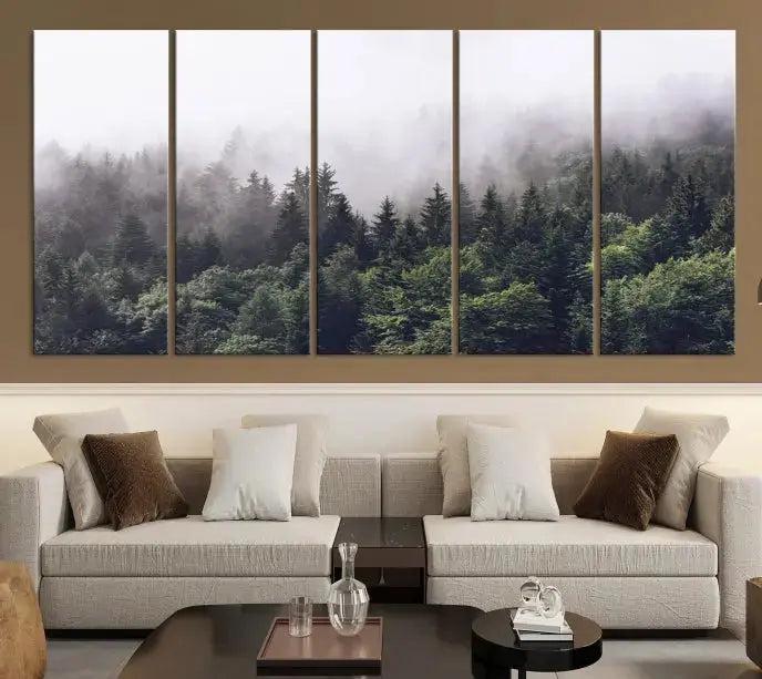 Trendy Foggy Forest Original Canvas Art Print Framed Ready to Hang Wall Decor