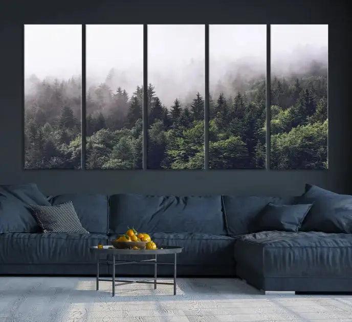 Trendy Foggy Forest Original Canvas Art Print Framed Ready to Hang Wall Decor