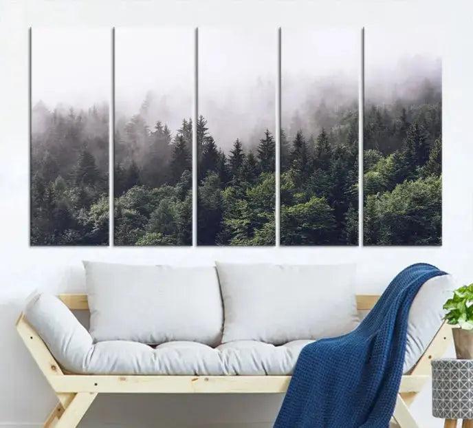 Trendy Foggy Forest Original Canvas Art Print Framed Ready to Hang Wall Decor