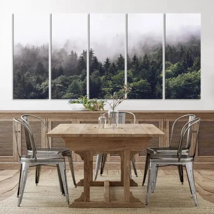 Trendy Foggy Forest Original Canvas Art Print Framed Ready to Hang Wall Decor