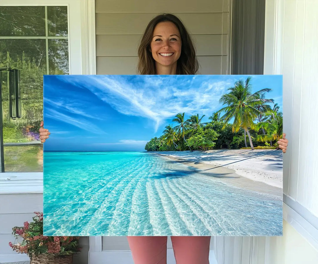 Tropical Beach Canvas Wall Art Print - Serene Ocean Landscape with Crystal Clear Turquoise Water and Palm Trees, Perfect for Coastal Wall Decor