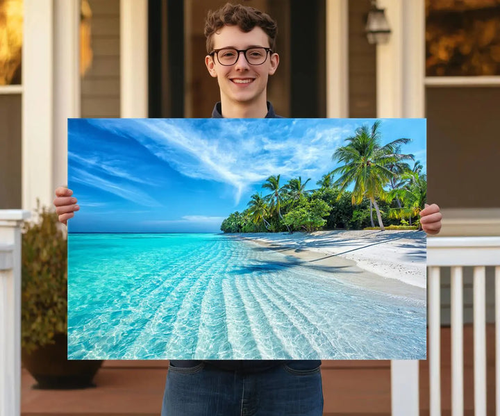 Tropical Beach Canvas Wall Art Print - Serene Ocean Landscape with Crystal Clear Turquoise Water and Palm Trees, Perfect for Coastal Wall Decor