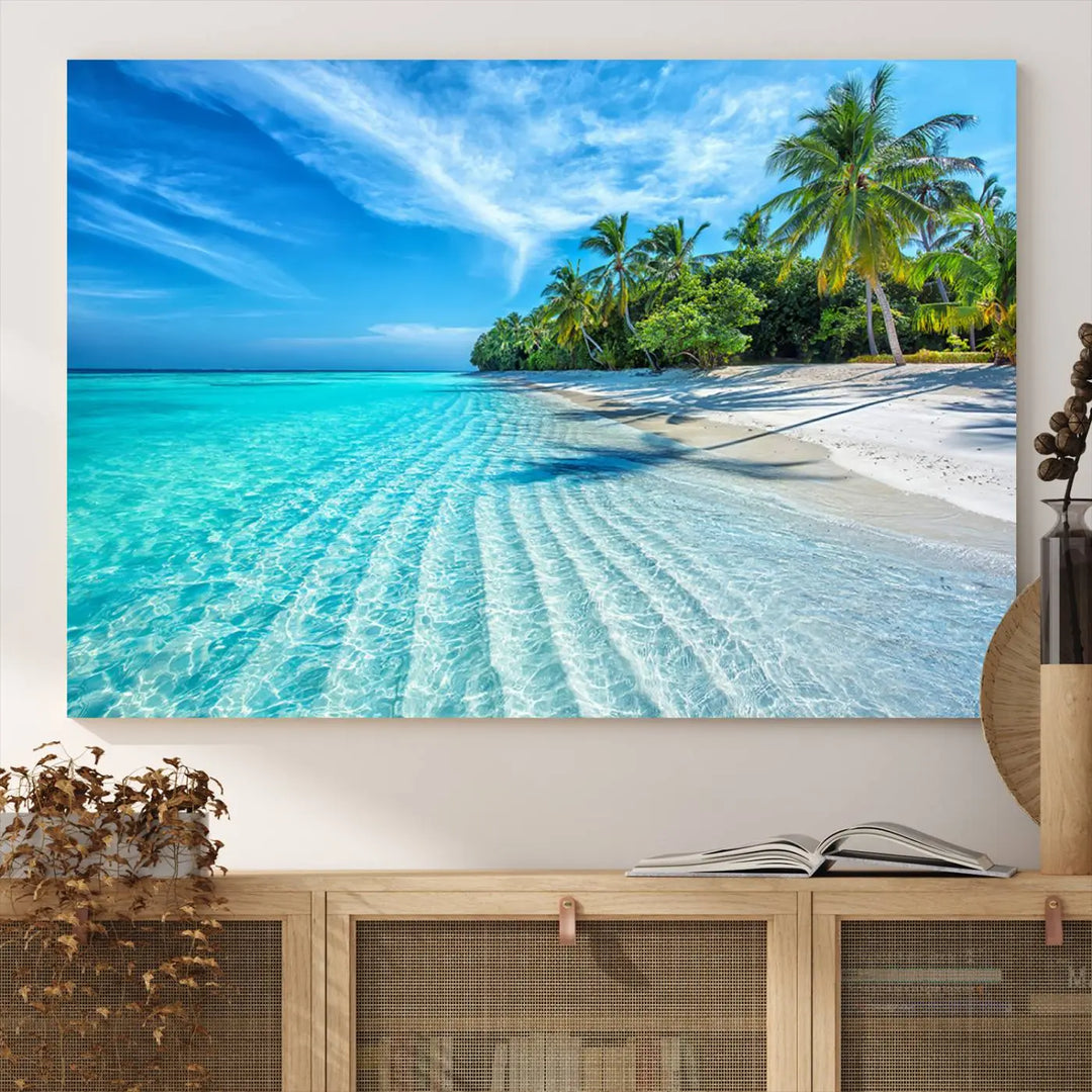 Tropical Beach Canvas Wall Art Print - Serene Ocean Landscape with Crystal Clear Turquoise Water and Palm Trees, Perfect for Coastal Wall Decor