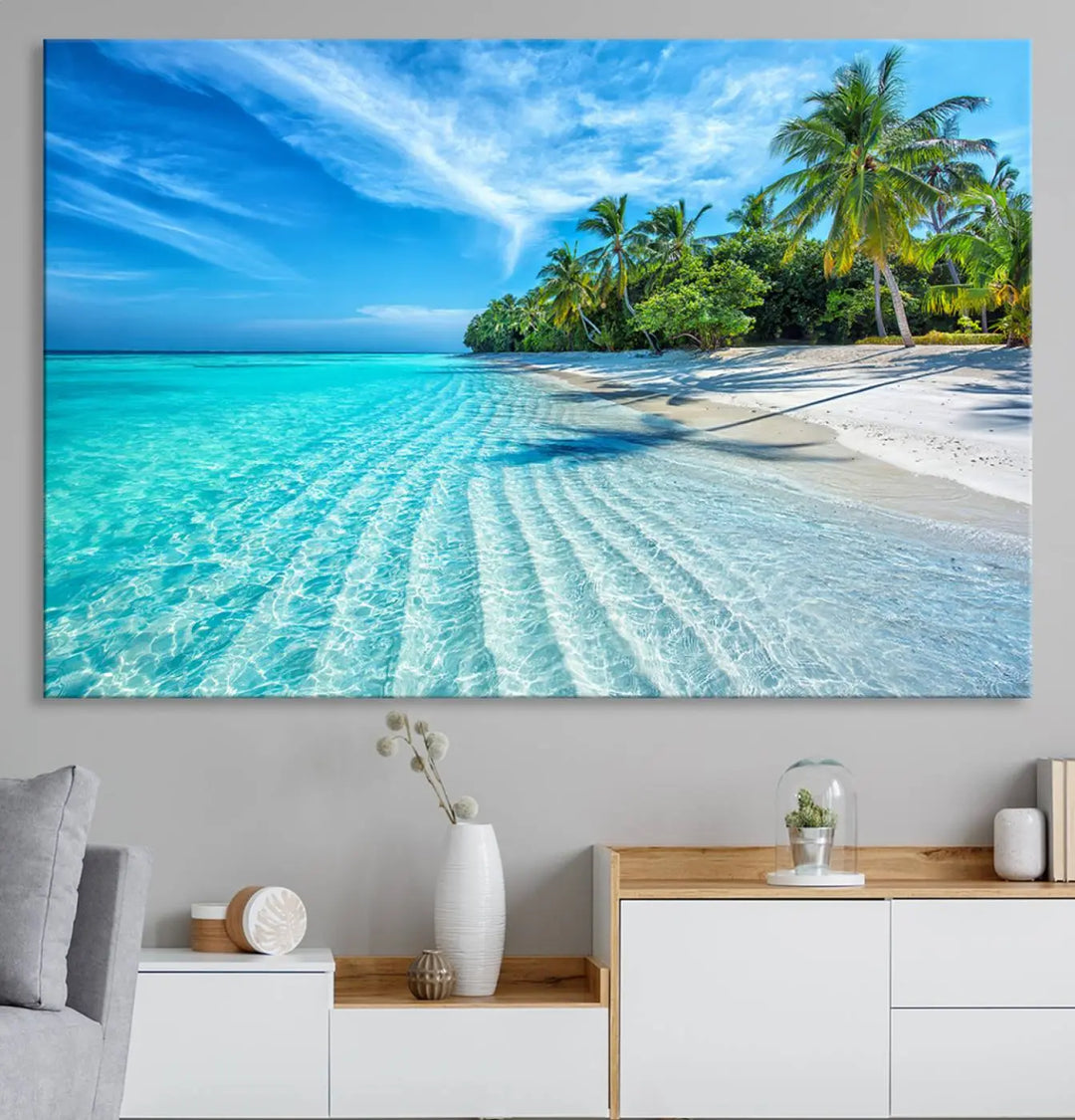 Tropical Beach Canvas Wall Art Print - Serene Ocean Landscape with Crystal Clear Turquoise Water and Palm Trees, Perfect for Coastal Wall Decor