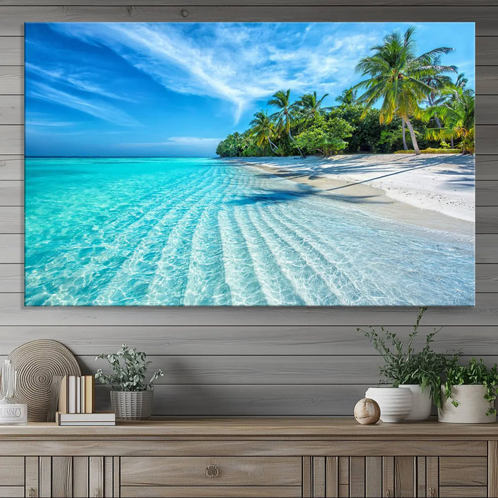 Tropical Beach Canvas Wall Art Print - Serene Ocean Landscape with Crystal Clear Turquoise Water and Palm Trees, Perfect for Coastal Wall Decor