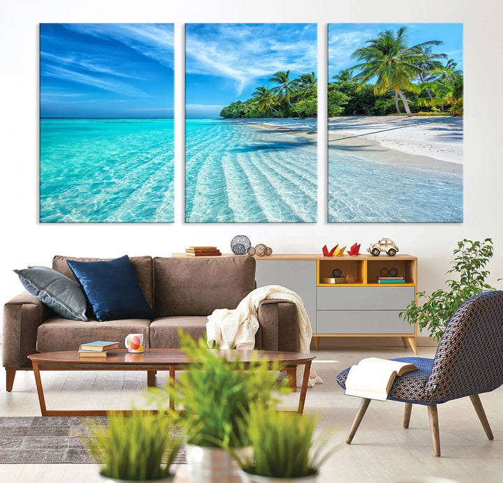 Tropical Beach Canvas Wall Art Print - Serene Ocean Landscape with Crystal Clear Turquoise Water and Palm Trees, Perfect for Coastal Wall Decor