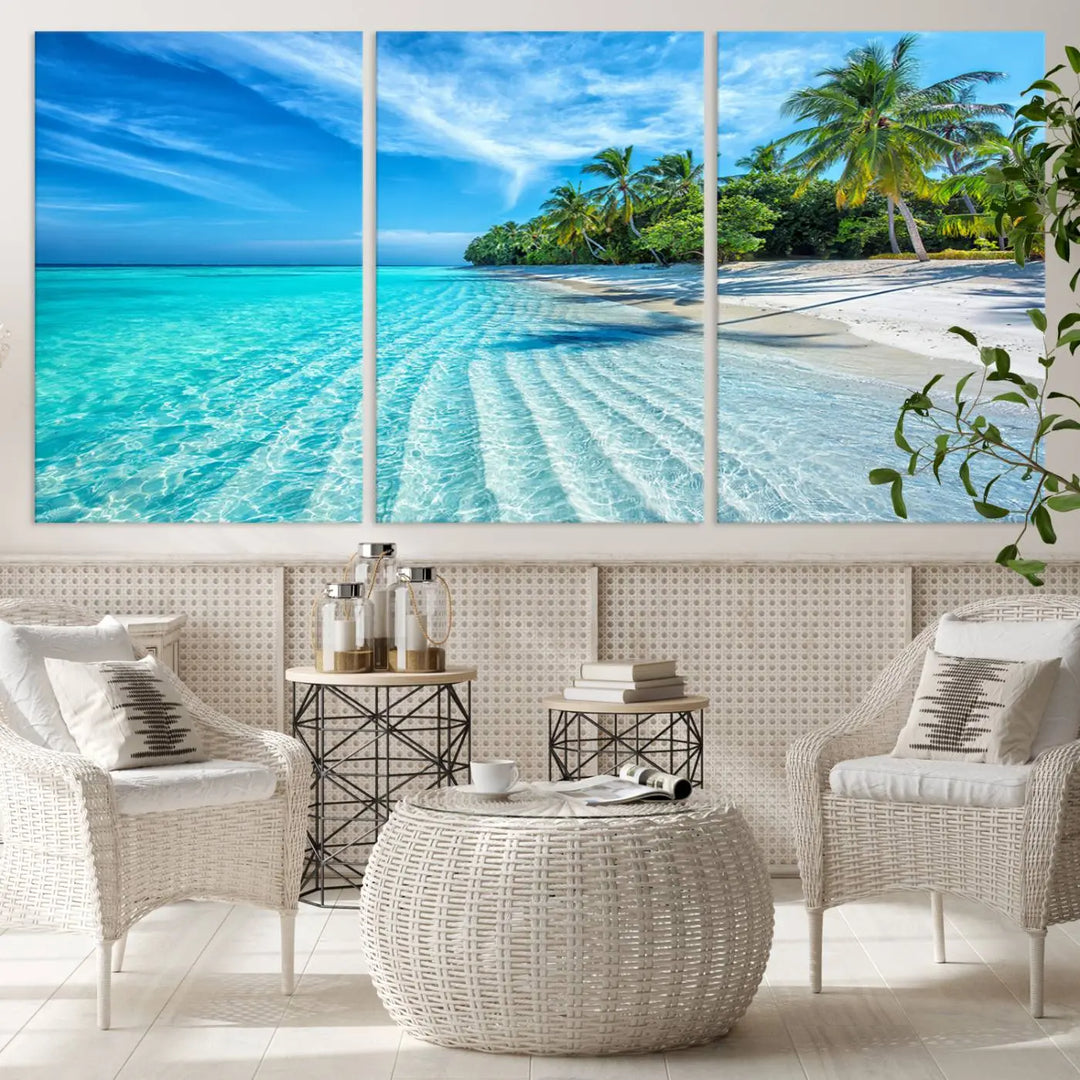 Tropical Beach Canvas Wall Art Print - Serene Ocean Landscape with Crystal Clear Turquoise Water and Palm Trees, Perfect for Coastal Wall Decor